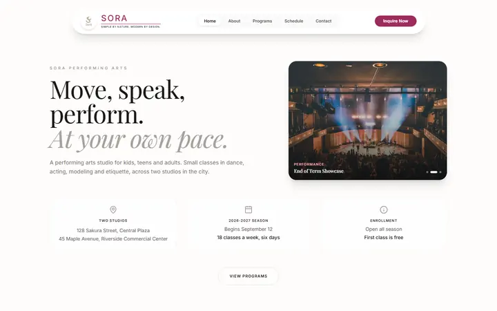 Performing arts homepage with a stage photo