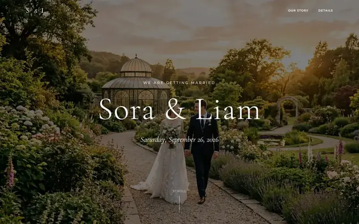 Soft wedding website hero with photos